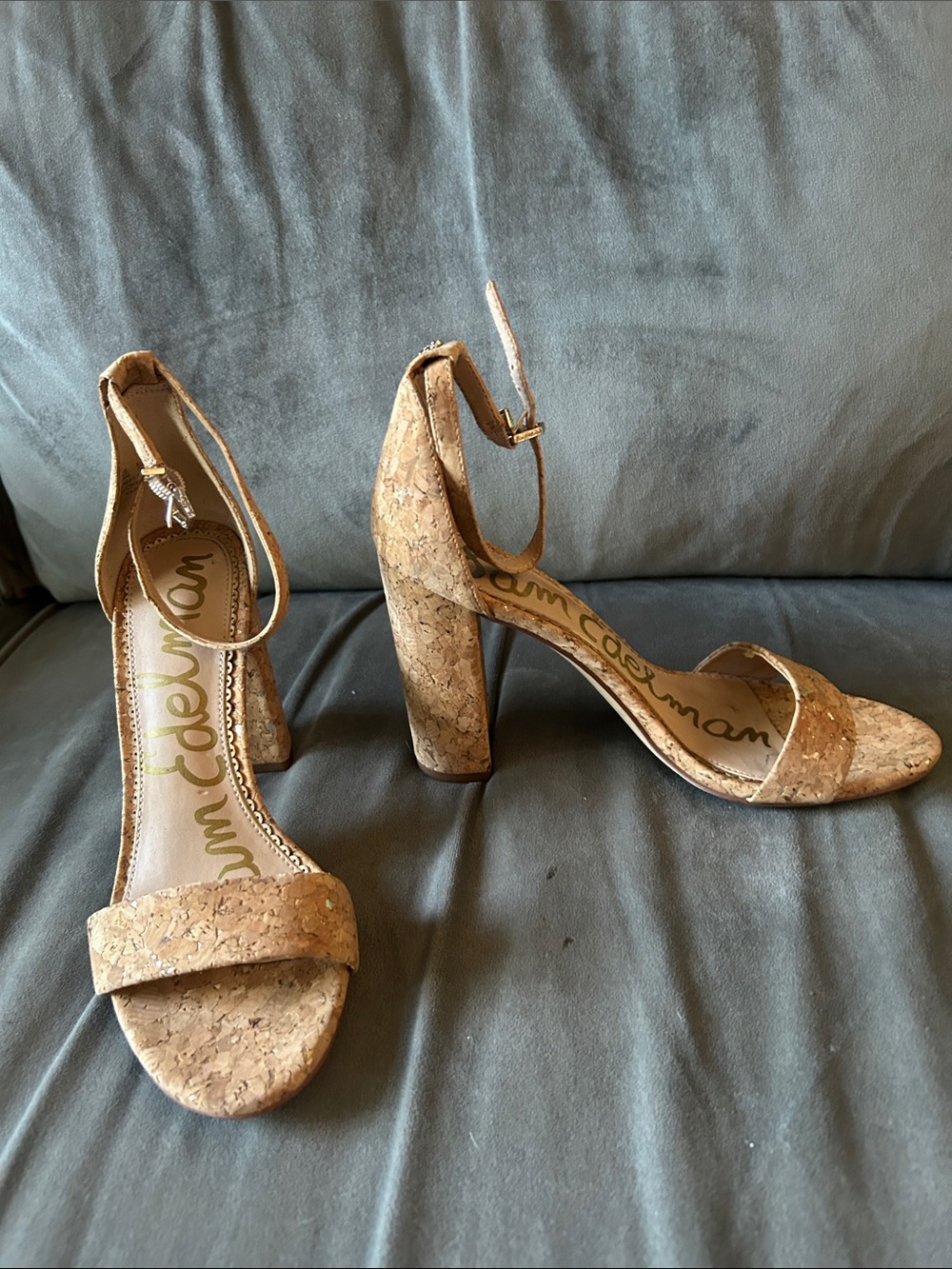 Sam Edelman Cork-Textured Ankle-Strap Block Heels in Natural Cork